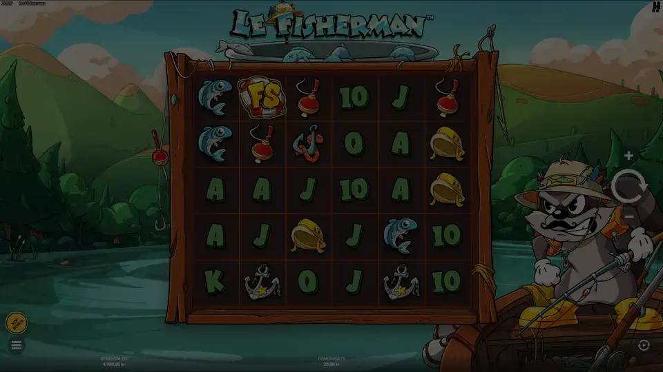 Le Fisherman slot demo game window showing Smokey fishing with Golden Squares