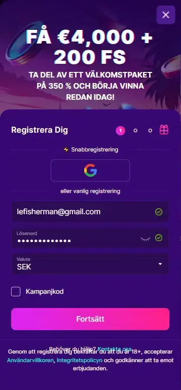 Registration form for playing Le Fisherman for real money